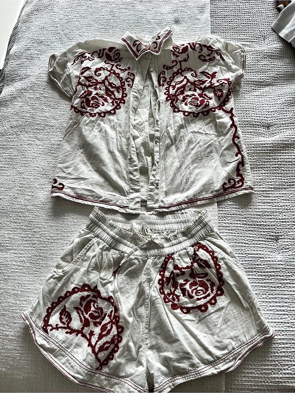 Free People Embroidered Matching Set in White & Red